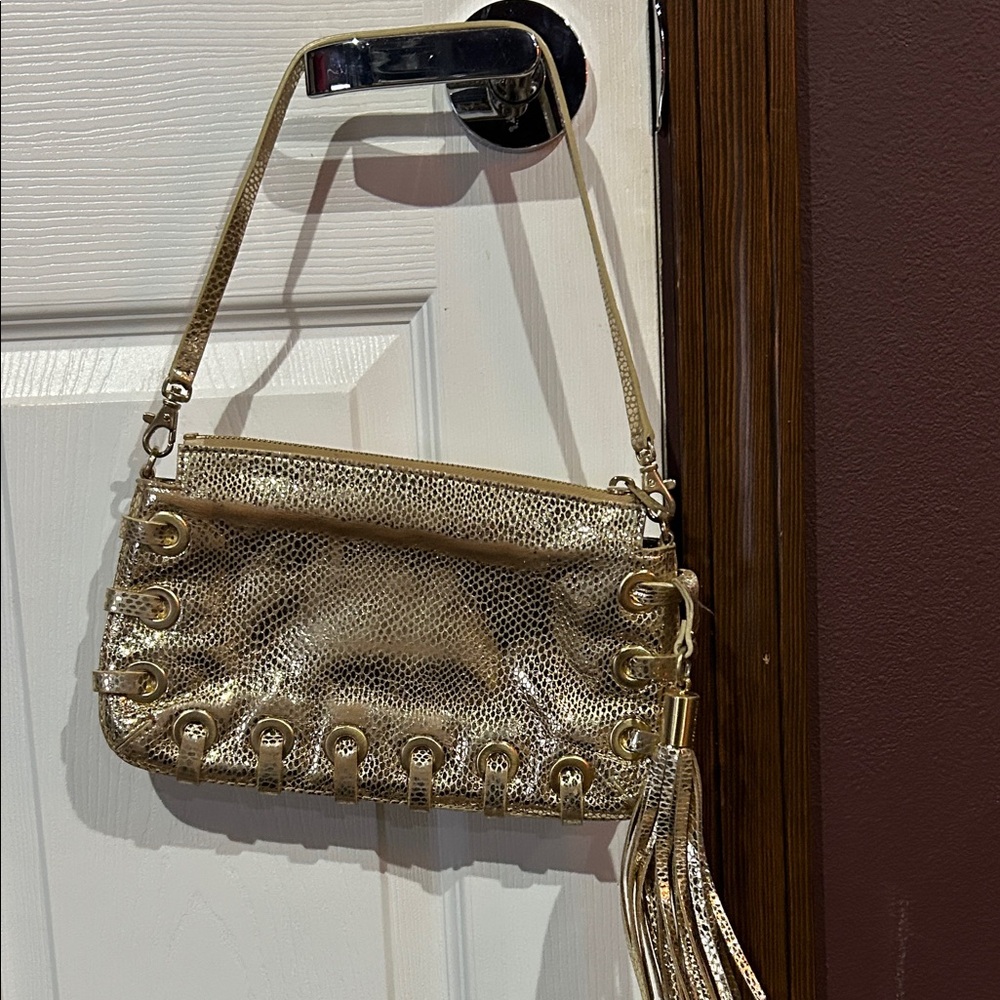 Michael Kors Metallic Gold Snake-Embossed Shoulder Bag with Tassel hobo - Picture 3 of 5